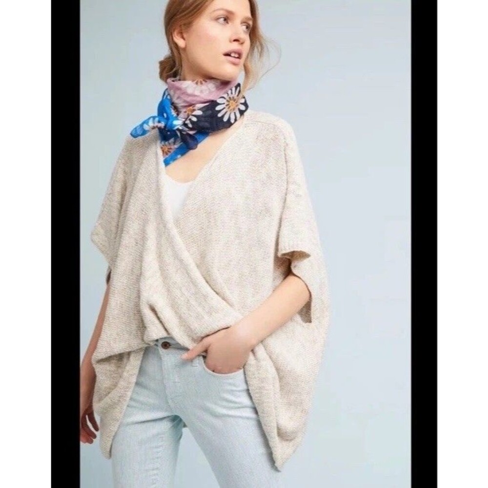 Anthropologie One Size Ellington Twist Poncho Sweater Wrap Linen Beige Tan Ecru